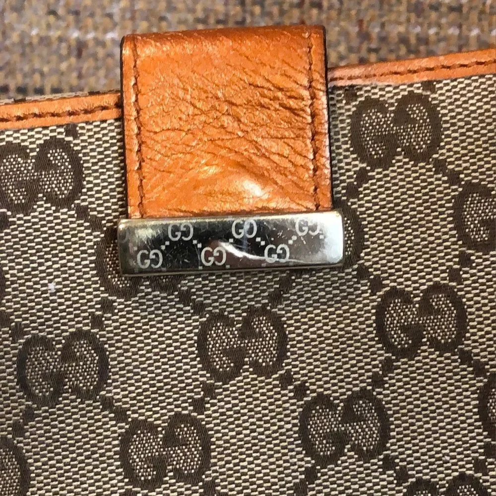 GUCCI GG Monogram Orange Leather Tan Canvas Trifold Wallet Vintage AUTHENTIC